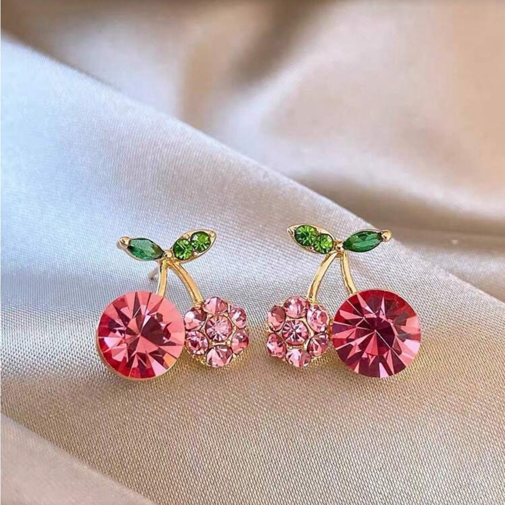 Elegant Pink and Green Crystal Cherry Earrings